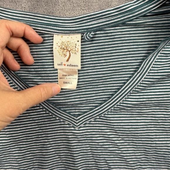 Self Esteem Shirt Womens Small Teal Green Striped Stretch 3/4 Sleeve Tee Top - Picture 2 of 5